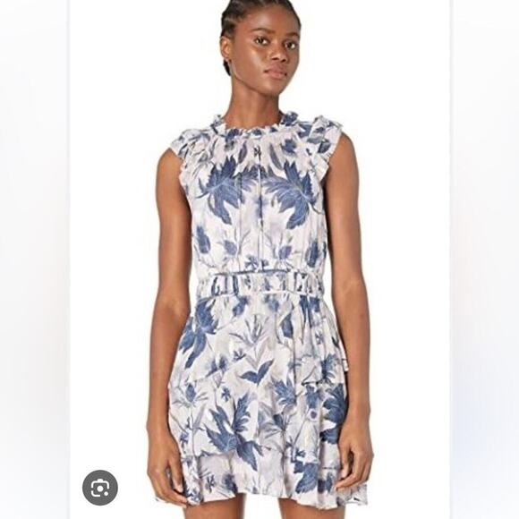 ALLSAINTS Caylan Harris floral mini dress size 2 sleeveless TK Neck ruffled - Picture 4 of 16